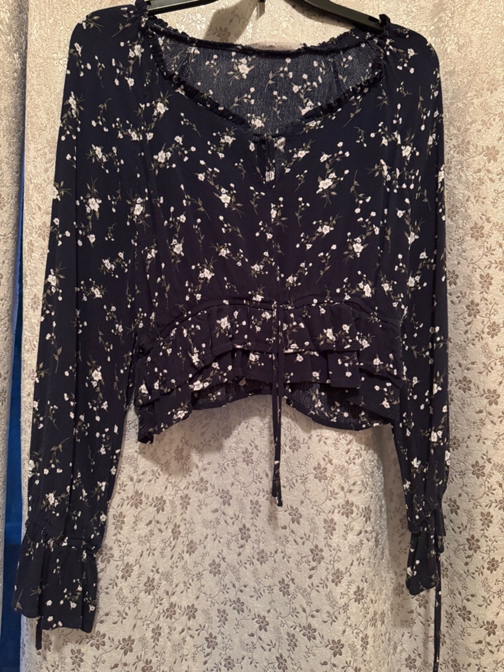 Black Floral Long Sleeve Ruffle Hem Top
